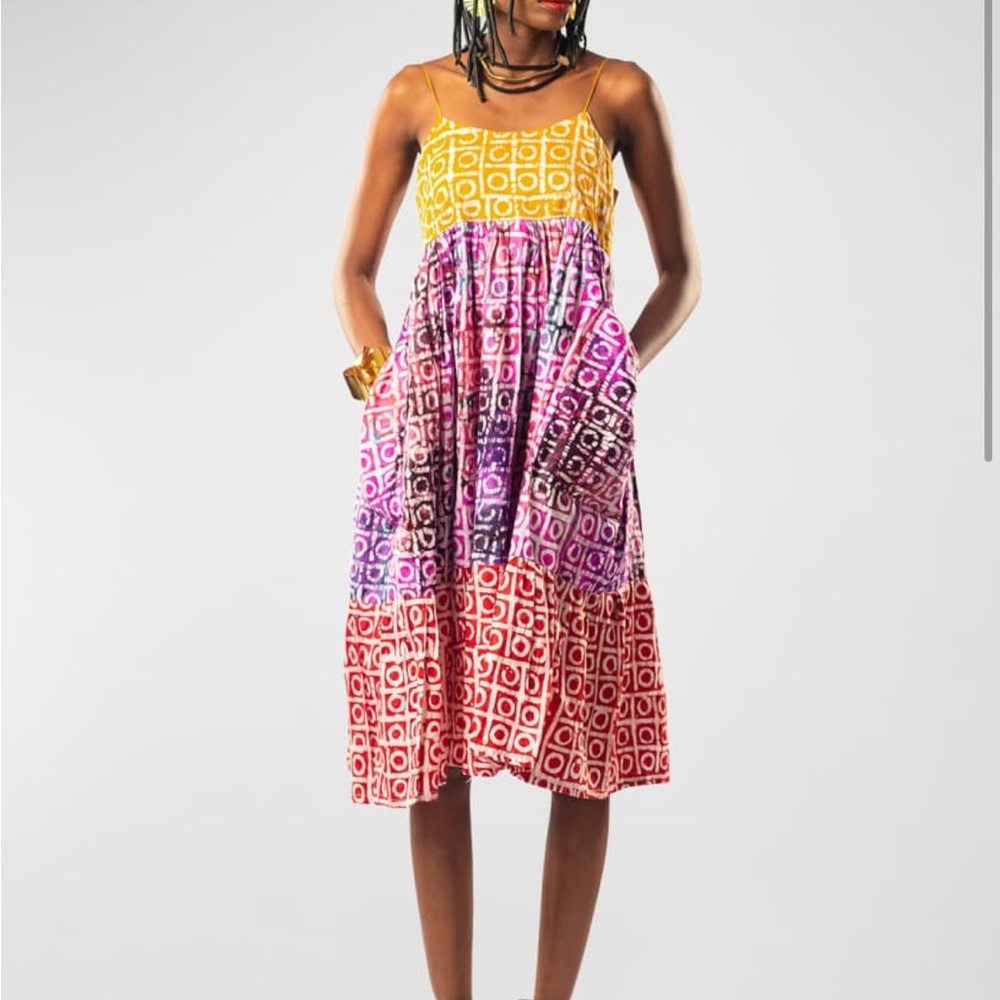 NWT BUSAYO Ade Spaghetti Strap Mixed Batik Tiered Dress Size M Front Pockets